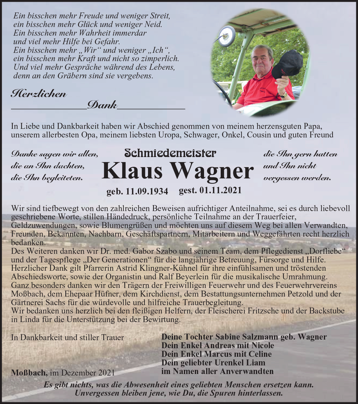 Danksagung Klaus Wagner